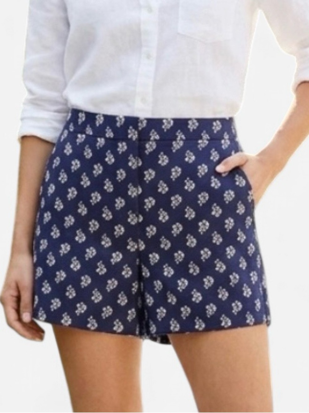 J.Crew Linen Blend Floral High Rise Shorts Navy Blue White Size 4